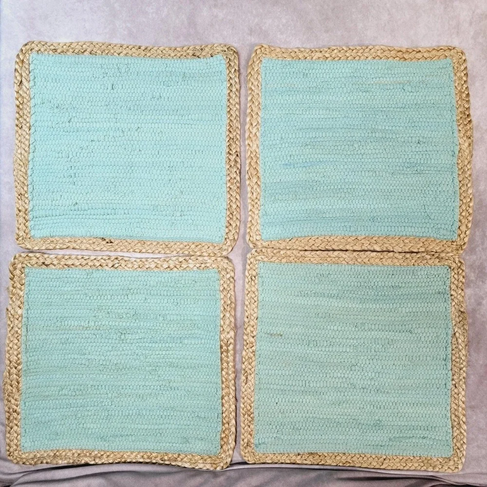 Set of 4 Placemats Seafoam Green Cotton Woven Centers Sisal Trim 15x15 Inch